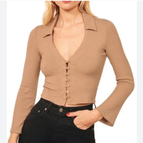 Reformation Luce Ribbed Bell Sleeve Top Size Small - Picture 1 of 6